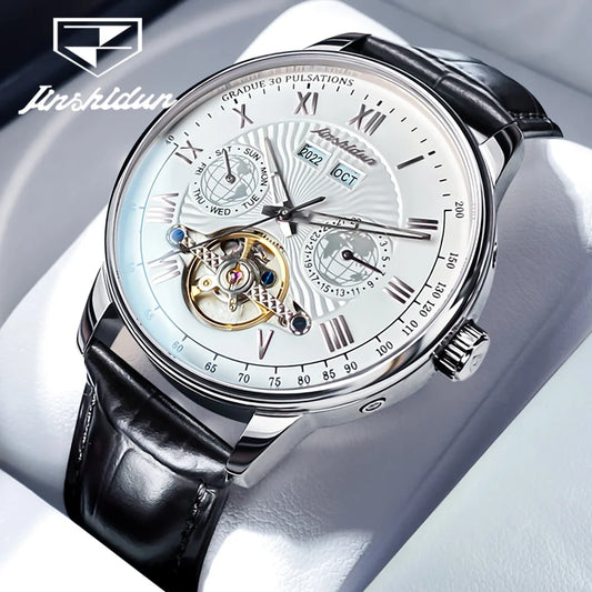 TAXAU Luxury Automatic Mechanical Watch For Men Leather Strap Three Eyed Flywheel Skeleton Waterproof Wtistwatch Reloj Hombre