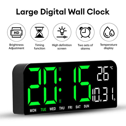 Large Digital Wall Clock Temp Date Week Display Night Mode Memery Table Clock Wall-mounted Dual Alarms Timing Function LED Clock