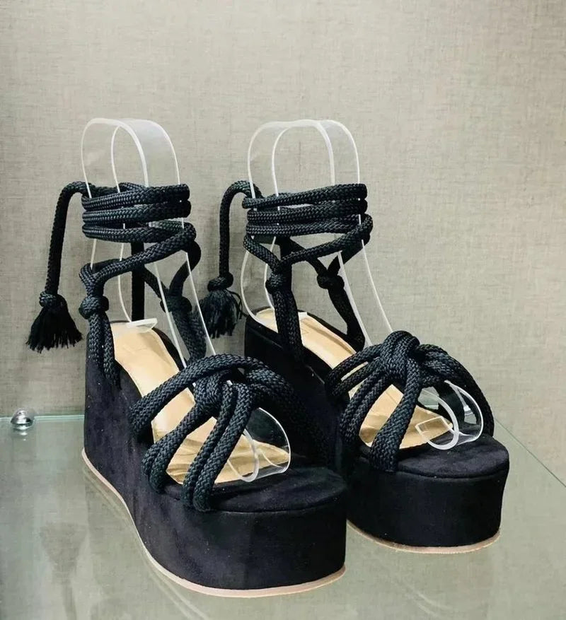 2023 Summer New Platform Wedge Sandals for Women Fashion Round Toe Cross Tied Height Increase Open Toe Femme Sandal Plus Size 43